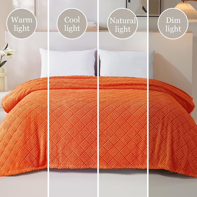 Whale Flotilla Soft Fleece King Size Blanket for Bed, Burnt Orange | Jacquard Waffle Blankets for Home Decor, Lightweight and Cozy, All Season Suitable, 90x104 Inch