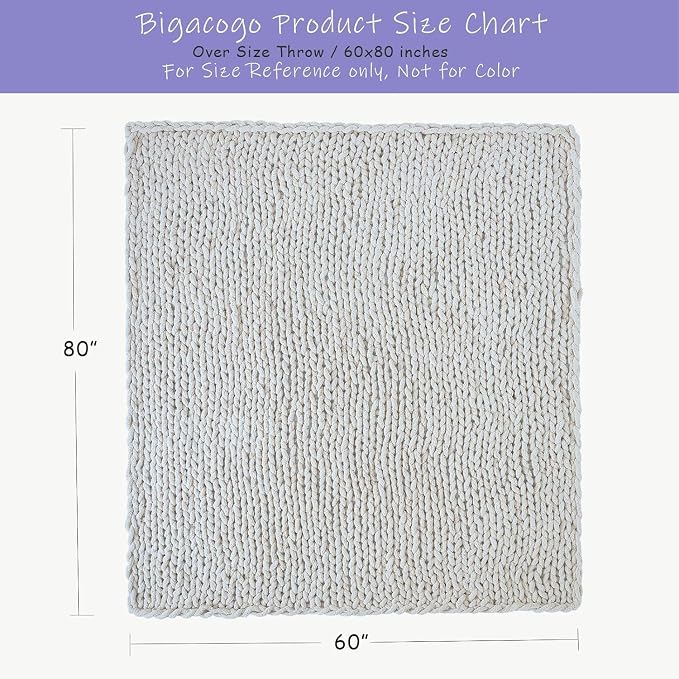 Bigacogo Chunky Knit Throw Blanket for Couch, 60x80 inches, Vintage White | Hand Knit with Jumbo Chenille, Soft Breathable Cable Knit for Sofa Bed Living Room, Machine Washable, Gift for Mom Friend