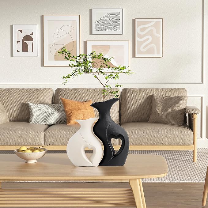 Black and White Vases Home Decor Heart Shape Ceramic Vase Set of 2 | Modern Boho Flower Vases, Nordic Aesthetic Decor For coffee Table Centerpiece,Wedding,Dining Living Room, Table Decor