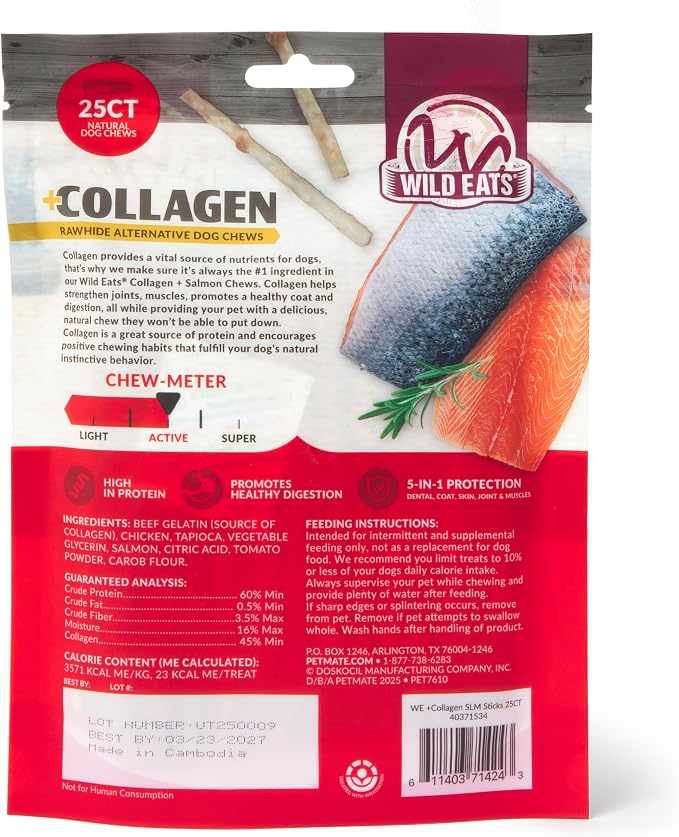 Wild Eats Real Salmon Collagen Bully Sticks for Dogs, 25 Pack, Long Lasting | Rawhide and grain free no hide chew treats, high protein recipe, satisfies natural gnawing urges, suits all breeds and sizes