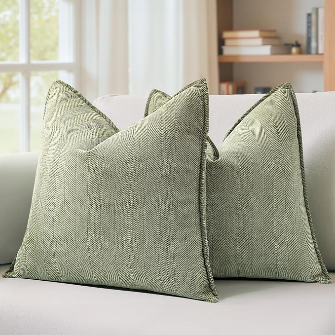 MIULEE Pack of 2 Sage Green Decorative Chenille Pillow Covers 18x18 Inch | Soft Couch Throw Pillows,Farmhouse Cushion Covers with Elegant Design for Sofa,Bedroom,Living Room,Spring Home Decor
