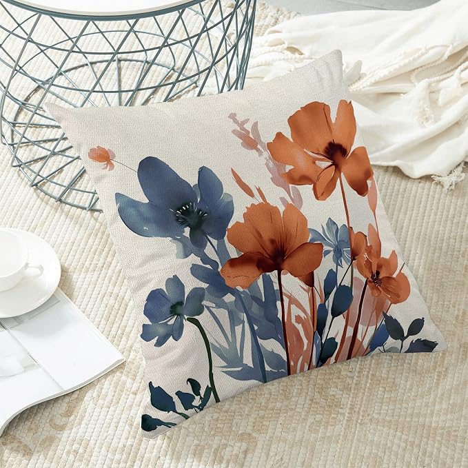 Fall Blue Orange Floral Throw Pillow Covers 18x18 Inches Set of 2 | Spring Summer Flower Pillow Covers Outdoor Rustic Decor Pillowcase Farmhouse Decorative Cushion Cover For Home Sofa
