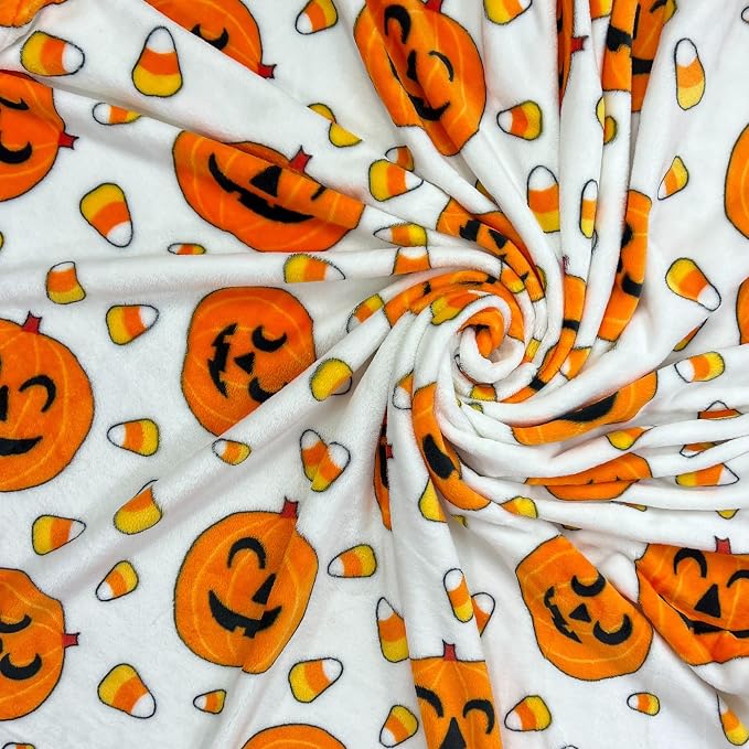 Halloween Fleece Throw Blanket, Jack-O'-Lanterns with Candy Corn, 50x70 in | Ultra-soft cozy flannel fleece, for sofa couch bed chair & dorms, spooky Halloween décor, durable and machine washable.