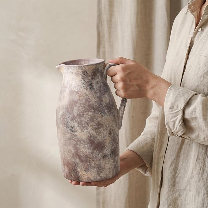 Ceramic Flower Vase with Handles,11" Neutral Tall Clay Terracotta Vases Farmhouse Table Vases with Handle Living Room Decor Rustic Pottery Pots for Home Shelf Coffee Dining Desk Fireplace