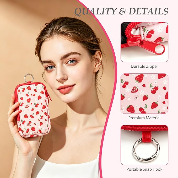 KJQJLY 2 Pack Portable Tampon Organizer Bag Tampon Holder & Storage Case with Zipper for Travel, Discreet Period Bag for Purse, Waterproof Feminine Products Pouch for Women (Strawberry&Cherry)