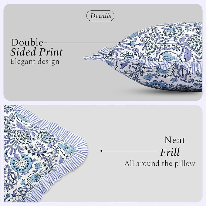 CPC Indigo Blue Ruffle Throw Pillow Covers for Couch, 18x18 Inch Cotton Stripe Ruffle Couch Pillows for Living Room, Hidden 14 Inch Zipper Boho Pillow Case or Cute Outdoor Pillows