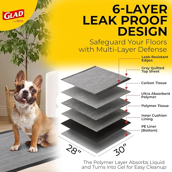Glad for Pets XL Charcoal Training Pads for Dogs and Puppies, 30 Ct, 6-Pk | 6-layer, activated-carbon pads with pheromone attractant, leak-proof, extra-large 28 x 30 in coverage