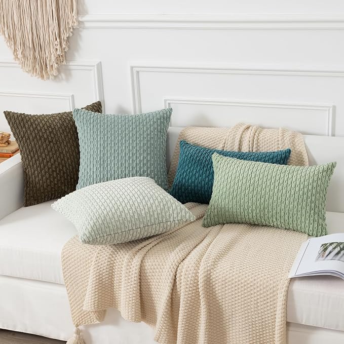 Kevin Textile Soft Corduroy 14"x24" Lumbar Pillow Cover 1 Pack, Grey Green | Boho Stripe Plush Corduroy Decorative Oblong Cushion Cover Modern Farmhouse Home Decor for Sofa Couch Bed Chair