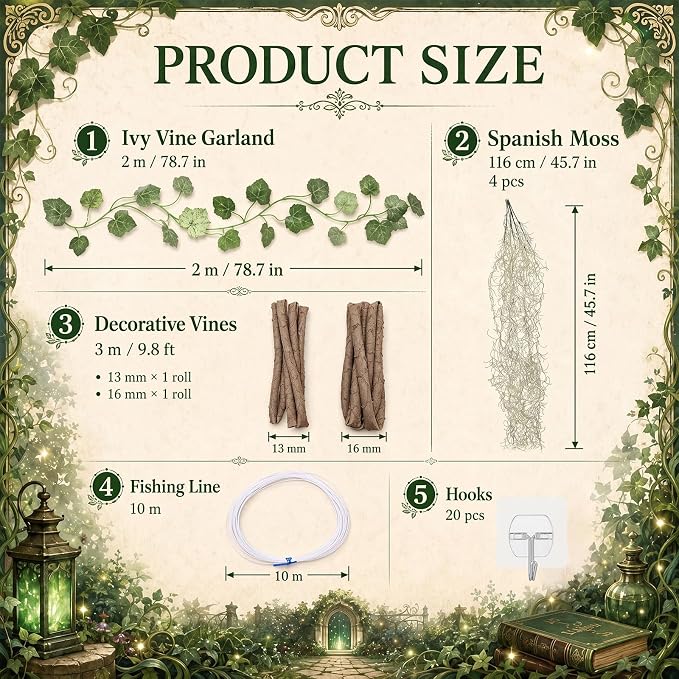 Halloween Hanging Decorations, Faux Spanish Moss Hanging Vines Forest Moss Vines Decor, Greenery Garland for Spooky Halloween Party Wall Ceiling Doorway Indoor Outdoor Enchanted Decorations