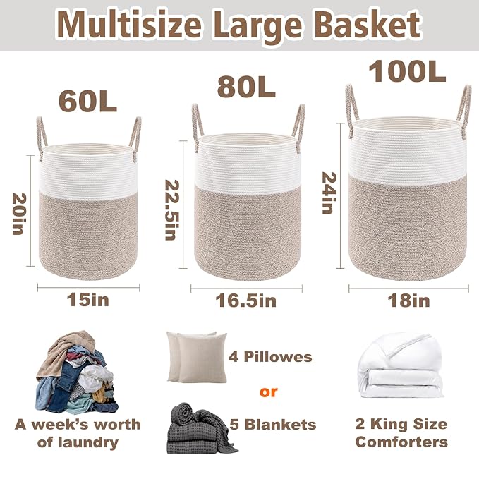 JMvicyroam 60L Cotton Rope Laundry Basket Hamper, Brown | Collapsible Laundry Basket, Reinforced Handles, Freestanding, Machine Washable, Holds 3-5 Thick Blankets, Clothes or Toys