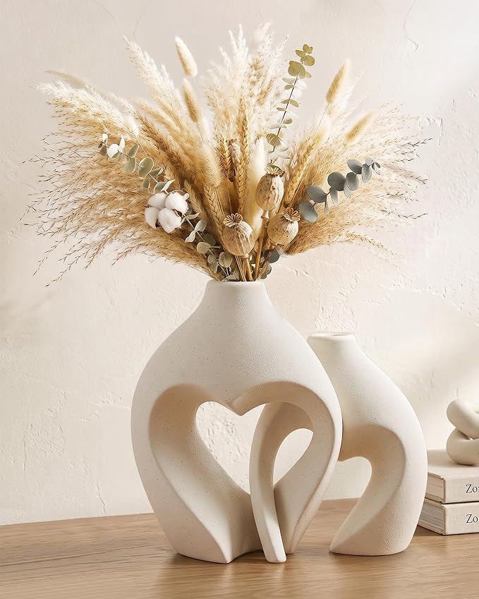 White Ceramic Flower Vase Home Table Decor Heart Shaped Vase Set of 2 | Boho Heart Shaped Minimalist Decorative Vases for coffee Table Centerpiece Wedding Dining Living Room Office House Decoration