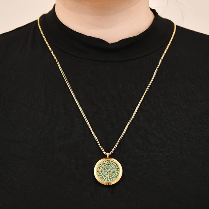Norse Vikings Amulet Essential Oil Diffuser Necklace - Stainless Steel Locket- Best for Aromatherapy-Perfume, Fragrance, Scent Diffusers for Women (Gold)