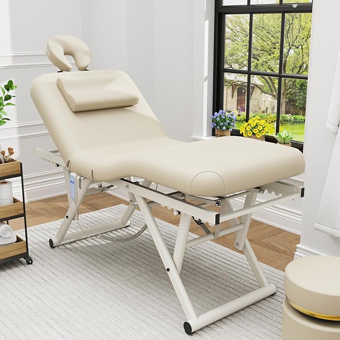 Electric Stationary Massage Table - Adjustable Massage Table with Manual Adjustable Backrest & Height, Treatment Tables with Electric Foot Lift, C-Shaped Pillow, Metal X-Frame, PU Leather for Beauty