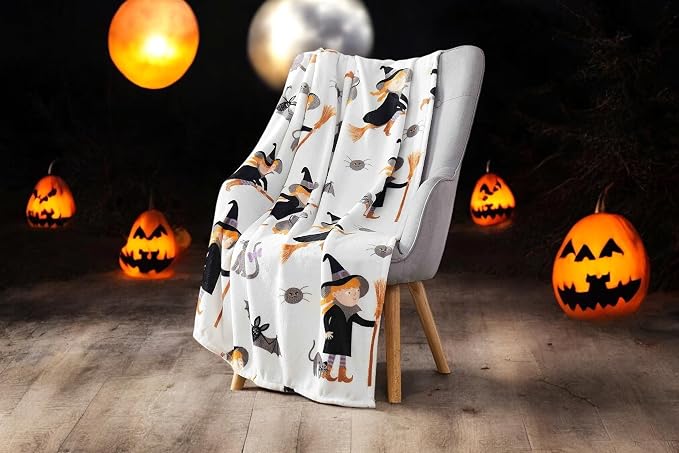 Halloween Ghost Fleece Throw Blanket, Cute Witch Girl, 50x70 oversized | Ultra-soft cozy flannel fleece, for sofa bed couch chair & dorms, spooky Halloween décor, durable and machine washable.