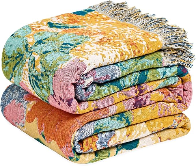 MSGKV Boho Throw Blanket 60"x80" Cotton Floral Blanket for Couch & Sofa | 60"x80" Cotton Floral Throw, Muslin Blanket, Summer Breathable, Farmhouse Decor, All Season Comfort, Machine Washable