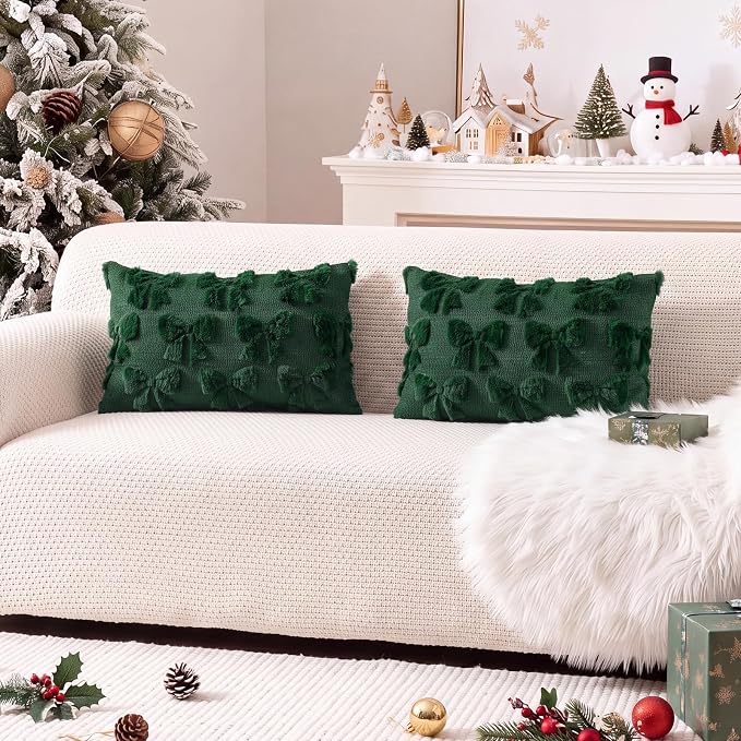 Mixweer Green Bow Pillow Covers Set of 2 Preppy Room Decor Coquette Cute Spring Summer Decorative Faux Fur Soft Bowknot Stuff Fluffy Plush Aesthetic Pillowcase for Bed Sofa Couch (12 x 20 Inch)