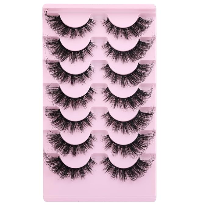EYDEVRO False Eyelashes Fluffy Lashes D Curl Faux Mink Lashes Cat Eye Lashes Wispy Fake Lashes Fox Eye Manga Lashes Volume Strip Lashes 7 Pairs Pack