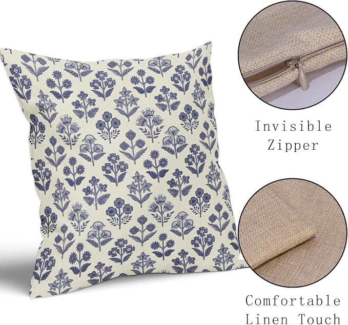 Navy Blue Floral Pillow Covers 18x18 Inch Set of 2, Vintage Flower Block Print Pattern Decorative Throw Pillowcases Outdoor Farmhouse Cushion Covers Spring Summer Rustic Sofa Couch Bed Decor