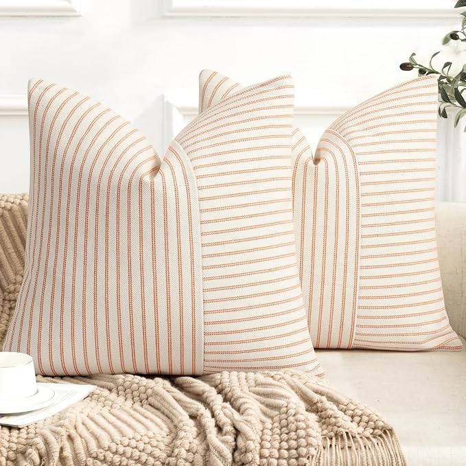 YCOLL Fall Pillow Covers 18x18, Modern Accent Throw Pillow Covers Set of 2, Burnt Orange Striped Patchwork Linen Decorative Pillows Cushion Covers for Couch Chair Bedroom Home Decor