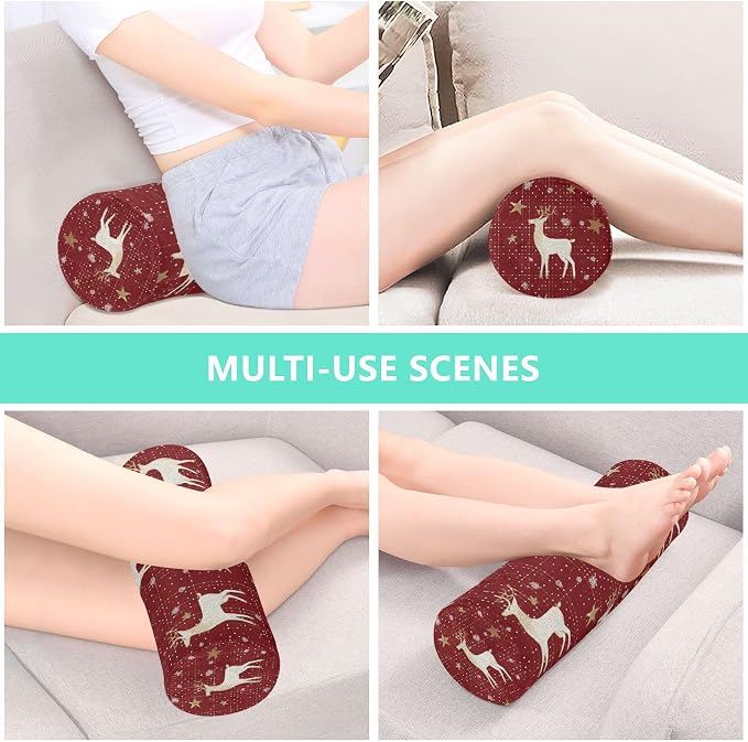 Christmas Red Reindeer Star Dots Neck Roll Pillow Bolster Round Health Memory Foam Long Cervical Cylinder Pillows with Removable Washable Cover for Body Bed Legs Back Yoga