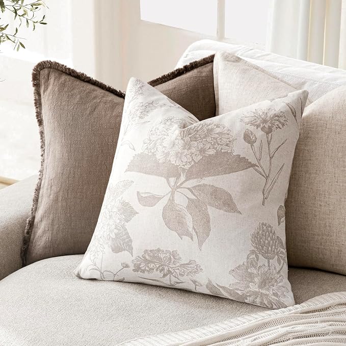 Foindtower Set of 2 Linen Floral Vintage Throw Pillow Covers Neutral Accent Decorative Cushion Covers Farmhouse Boho Home Decor for Sofa Chair Couch Bedroom Living Room,22×22 Inch,Tan Beige