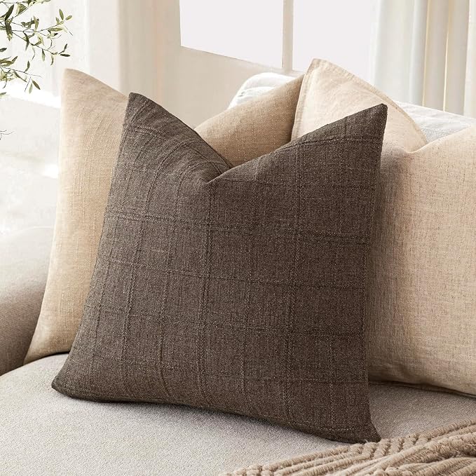 Foindtower Set of 2 Decorative Linen Check Throw Pillow Covers Neutral Farmhouse Vintage Cushion Covers Modern Boho Home Decor for Sofa Chair Couch Bedroom Living Room,20×20 Inch,Dark Brown