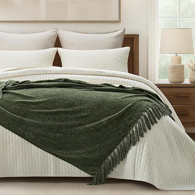 Chenille Knit Throw Blanket for Couch, 60"x80", Olive Green | Cozy Plush Fuzzy Knittd Throw with Tassels, Lightweight, Decorative, Farmhouse Decor, Ideal for Bed Sofa Gift, All Seasons