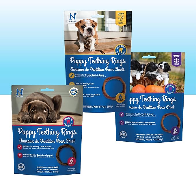 N-Bone Puppy Teething Rings, Chicken, Pumpkin & Blueberry BBQ Flavor, Natural Puppy Chew for Teething, Puppy Teething Treats, Total 3 Bags, 21.6-oz, 18 Rings