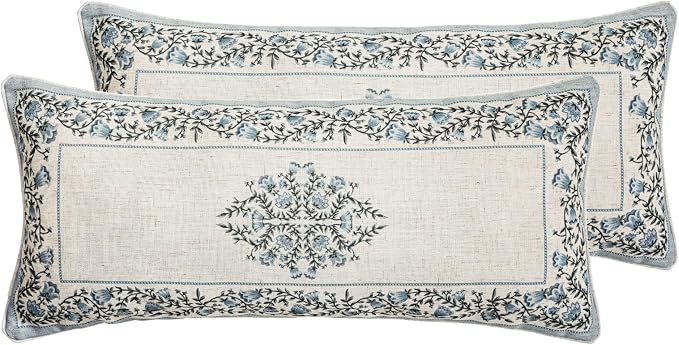 Designer Linen Throw Pillow Cover,Set of 2,28"x12"-Segerman A | Elegant Chinoiserie Rectangle Pillow Cover,Concealed Zipper Design,Floral Pattern,Sofas,Bedroom,Living Room,Lounge Chairs