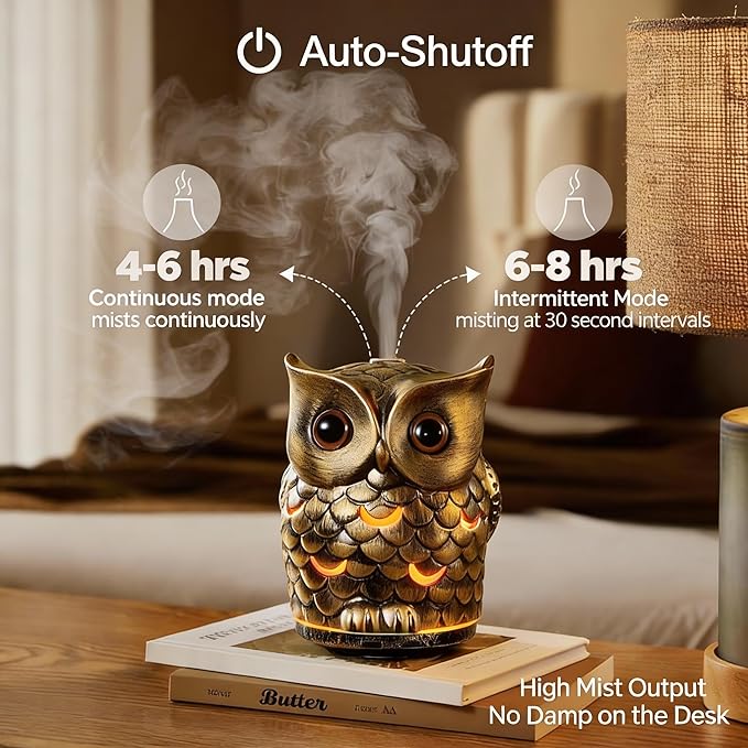Alieye Ceramic Essential Oil Diffuser, 200ML Handcrafted Ceramic Owl Ultrasonic Cool Mist Aromatherapy Humidifier with 7 Colors LED Waterless Auto Shut Off for Home Office Yoga, Gifts for Mom, Brown