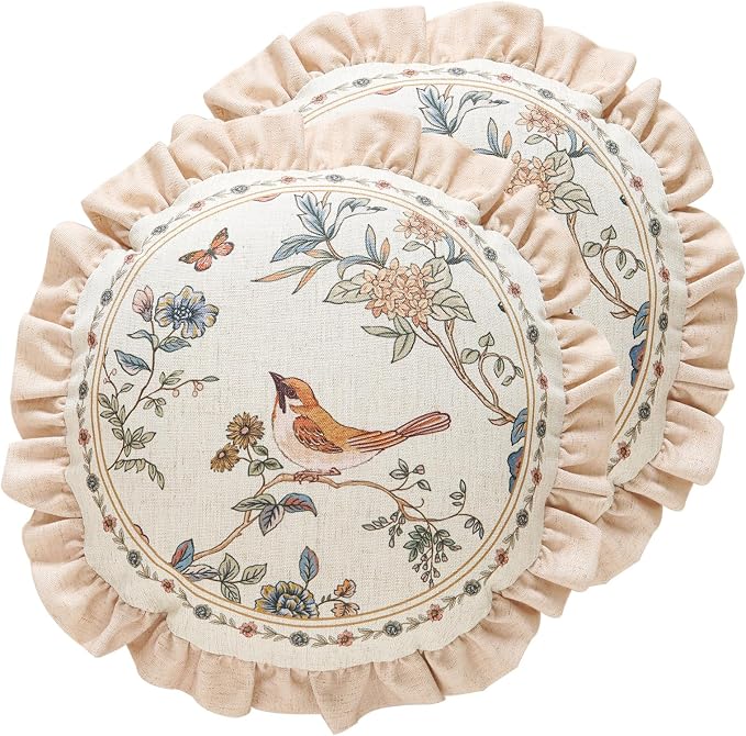 Vintage Linen Throw Pillow Cover,Set of 2,Diameter 16"-Cornucopia A | Designer Elegant French Round Pillow Cover,Concealed Zipper Design,Floral Pattern,Sofas,Bedroom,Living Room,Lounge Chairs