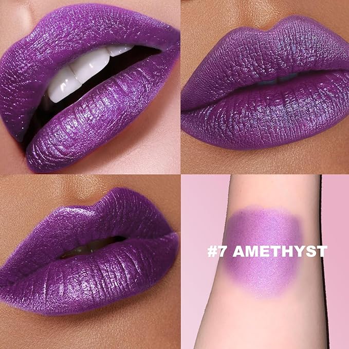 Metallic Lipstick Glitter Lip Stick Long Lasting Waterproof Shine Lip Crayon without Drying or Fading Sparkling High Pigmented Lip Stain Transfer-proof Wear Full Coverage Makeup for Women, 7