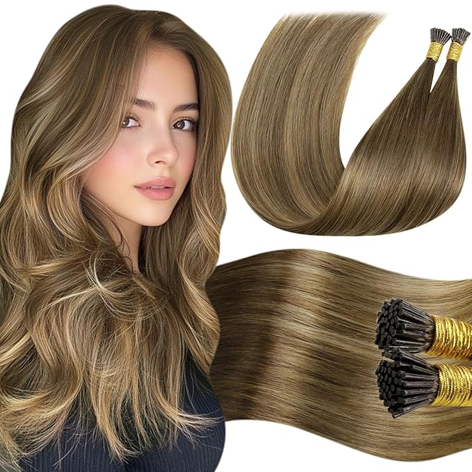 LaaVoo Itip Human Hair Extensions Balayage Brown I Tip Hair Extensions Medium Brown Ombre Light Brown to Golden Brown 20" 50g 60s
