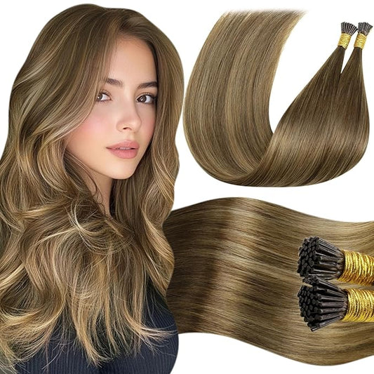 LaaVoo Itip Human Hair Extensions Balayage Brown I Tip Hair Extensions Medium Brown Ombre Light Brown to Golden Brown 16" 50g 60s