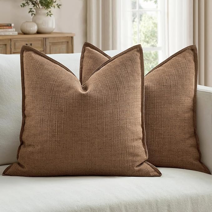 MIULEE Thick Textured Decorative Throw Pillow Covers 18x18 Inch Brown Sugar | Set of 2, Linen Blend Pillow Cover, Flange Edge Design, Farmhouse Modern Boho Style, Bed Couch Living Room Decor