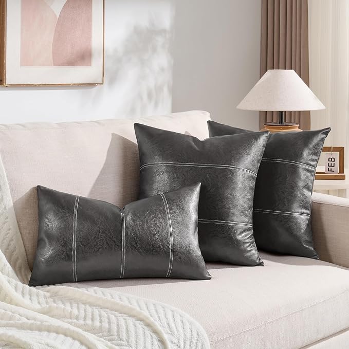 Fancy Homi Dark Gray Lumbar Waterproof Faux Leather Decorative Throw Pillow Covers 12x20 Inch for Outdoor Couch Bed, Modern Farmhouse Boho Home Decor, Charcoal Gray Hand Stitched Cushion Case 30x50 cm