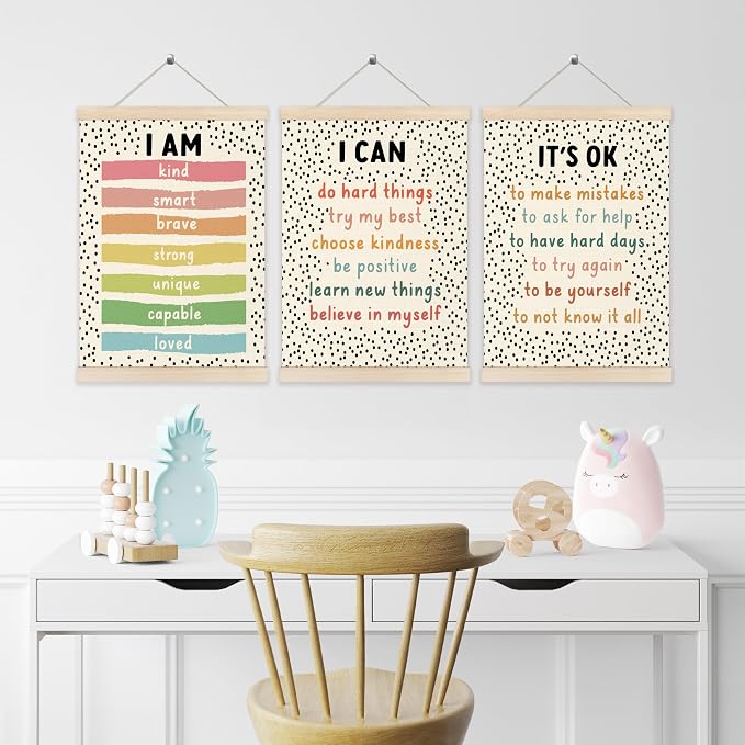 Koesus Inspirational Classroom Wall Art Poster Hanger Frame 12x16 Inch Set of 3, Motivational Canvas Pictures Prints Framed Wall Decor for Classroom Kids Room Playroom, Positive Affirmations for Kids