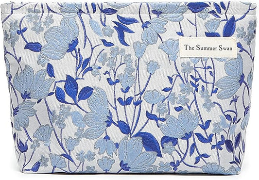 FlowerVineBlue Summer Swan | Large Aesthetic Floral Makeup Clutch | Period Kit | Hygiene & Skincare Bag