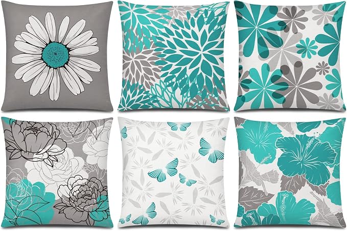 Teal Grey Throw Pillow Covers 20x20 Set of 6, Spring Floral Home Decor | spring summer Floral, decorative cushion cover, Breathable Linen, Large Throw Pillow Size, Couch Sofa Living Room decor