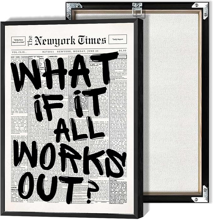 Retro Black And White Newspaper Poster What If It All Works Out Canvas Wall Art Positive Affirming Quote Minimalist Prints Painting For Home Bedroom Dorm Wall Decor 12x16in Framed