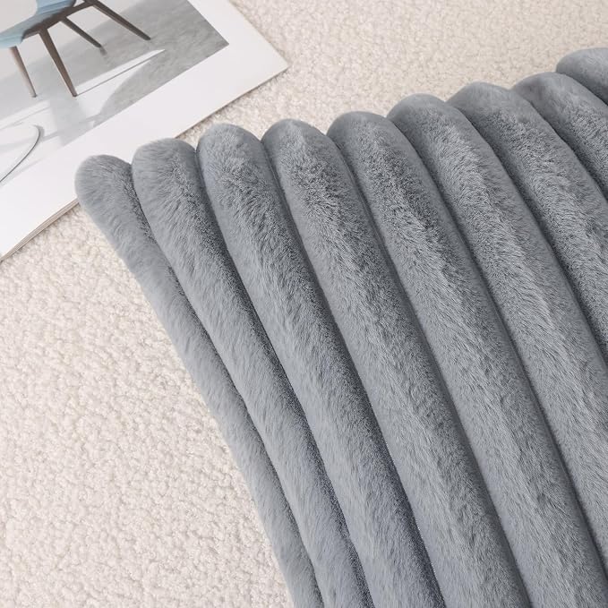 Pallene Faux Fur Decorative Throw Pillow Covers 12x20 Set of 2, Grey | Luxury Plush Texture, Striped Design, Cozy Soft Touch, Modern Home Accent Decor for Couch, Sofa, Bed, Living Room