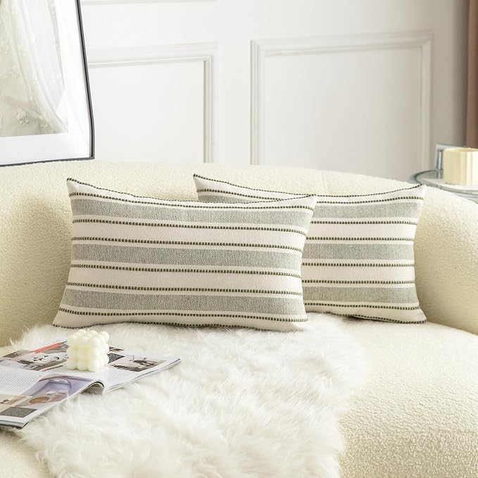 Cethom Decorative Boho Lumbar Throw Pillow Covers, Farmhouse Textured Pillow Case, 12 x 20 Inch Set of 2, Chair Sofa Bedroom Living Room Home Decor Couch Cushion Case, Olive Green and Beige