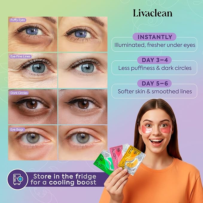 LivaClean 24k Gold Under Eye Patches - 60 Undereye Masks - Collagen Eye Patches for Puffy Eyes and Dark Circles - 3 Active Formulas, Hyaluronic Acid, Collagen, and Aloe Vera for Tired, Puffy eyes