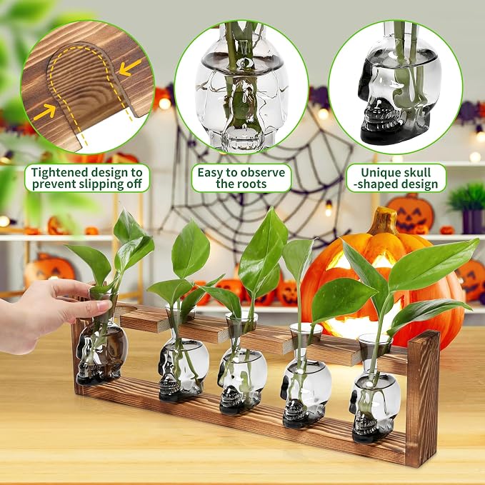 Plant Terrarium Propagation Stations Halloween Skull Planter Vase Skulls | decor With Wooden Stand Gife for Father - 5 Vases
