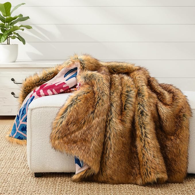 HORIMOTE HOME Reversible Faux Fur Throw Blanket, with Cheetah and Tropical Plants Printed Pattern, Decorative Fluffy Throw Blanket for Couch Bed Sofa, Birthday Gifts for Women, 50'' x 60''