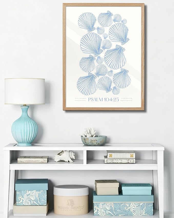 EcoHest 18x24 in Psalm 104:25 Coastal Seashell Framed Christian Wall Art | Solid Oak Wood Frame with Canvas Wall Art, Scripture Bible Verse Decor for Bedroom, Living Room, Office, Church, 1Pack