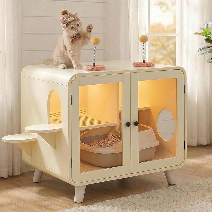 30.7 Inch Cat Litter Box Enclosure Furniture with Stairs, Beige | RGB LED Light, Dual Glass Doors, Litter Leak Walkway, Pom-Pom Toys, Side Stairs and 220 lb Top Capacity for Indoor Cat Care