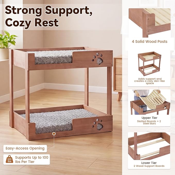Wooden Bunk Dog Bed with 2 Memory Foam Beds | Modern Pet Furniture, Waterproof Liners, Washable Covers, 31.1 x 20.9 x 29.9 in, Bedside Window Perch, For Medium Dogs & Cats