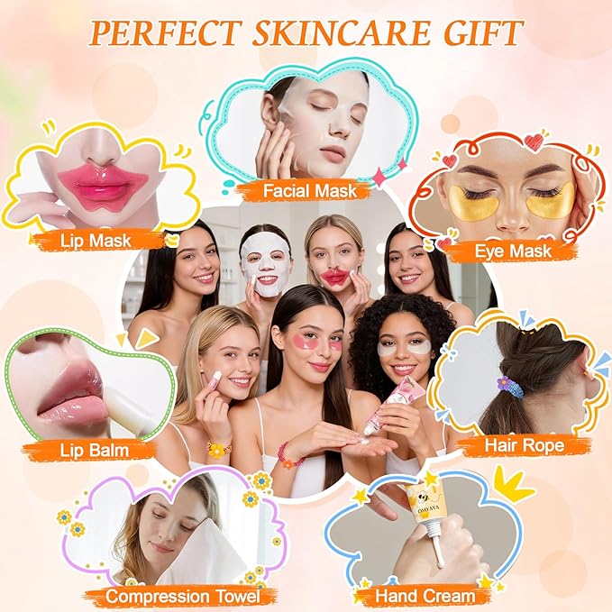 60PCS Bulk Gifts for Women, Spa Party Supplies with Face Masks Skincare, Under Eye Patches, Hand Cream, Lip Balm, Lip Mask, Nail Files, Spa Party Favors for Bridal Wedding Birthday Sleepover Party