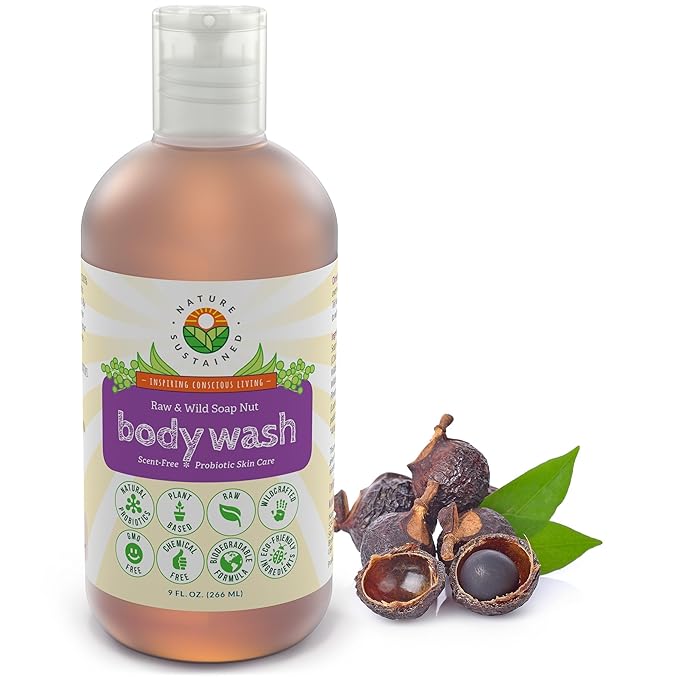 Nature Sustained Organic Body Wash & Face Wash – Raw & Wildcrafted with Probiotics, Soapberry Formula for Eczema & Psoriasis - Wild Plants Selected for Sensitive & Dry Skin, 9oz, Original